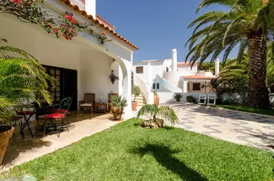a courtyard of a house with a lawn and palm trees at Villa Casa do Sul in Albufeira