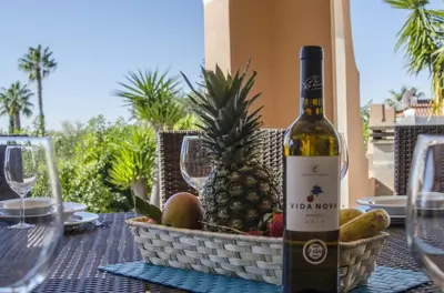 a villa with a swimming pool in front of a house at Villa Anita in Quarteira