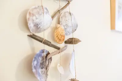 a driftwood branch wall art with seashells and shells at Quinta do Paraíso - Bed&Shower in Albufeira