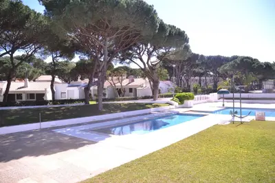 a swimming pool in a yard with trees and houses at Sailing Studio Açoteias in Albufeira
