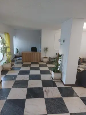 an empty room with a checkered floor and potted plants at Apartamento Quarteira T1 in Quarteira