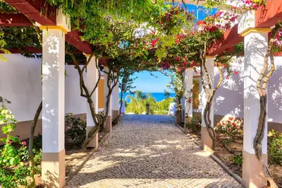 an alley with flowers and plants on a building at Moradias Villas Rufino in Albufeira