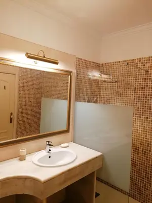 a bathroom with a sink and a mirror and a shower at Porque Você Merece in Quarteira
