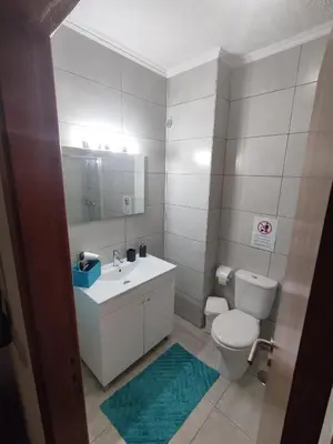 a bathroom with a toilet and a sink and a mirror at Vieira apartment 1 in Quarteira