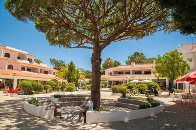a person sitting on a bench under a tree at Falesia Beach A in Roja- Pé