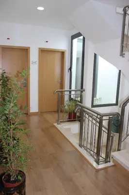 a hallway with stairs and a mirror and plants at Dom Fernando II in Loulé