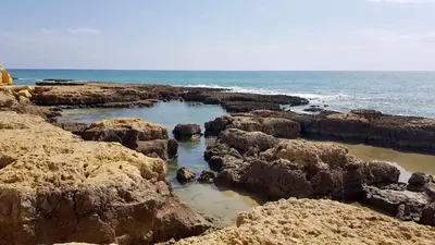 a group of rocks on a beach with the ocean at Albufeira, Ocean terrace (22) in Albufeira
