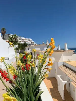 a view of a balcony with flowers at Albufeira, Sea Balcony (11) in Albufeira