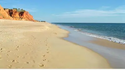 a beach with chairs and umbrellas and the ocean at Beach Villa Vale do Lobo in Vale do Lobo