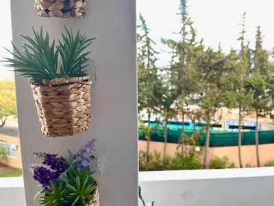 a plant in a basket hanging on a wall next to a window at ExcelStay - Balaia in Albufeira