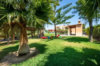 a palm tree in the yard of a house at Apartamentos Monte dos Avós, Albufeira by AlgarveBlossom in Albufeira