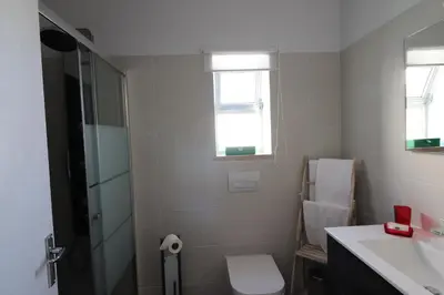 a bathroom with a shower and a toilet and a sink at APARTAMENTO MICÁ in Albufeira