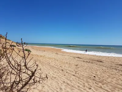 a person walking on a sandy beach near the ocean at Cavalo Prеto Holiday apartment 200m to the beach in Quarteira