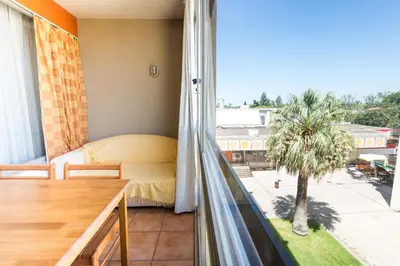 a bedroom with a bed and a window with a palm tree at Apartments near Marina de Vilamoura in Quarteira