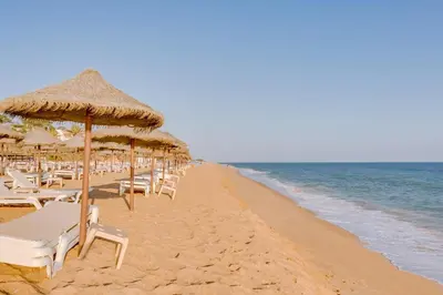 a beach with chairs and umbrellas and the ocean at Villa V1 Vale do Lobo Beach in Vale do Lobo