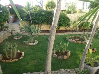 a garden with palm trees and plants on the grass at VIVENDA L'OLIVIER in Quarteira