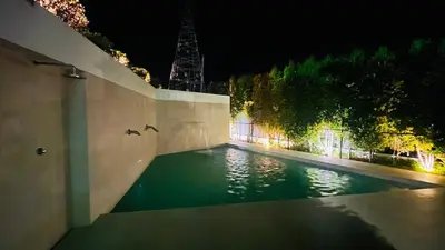 a swimming pool at night with birds flying over it at Hospedaria Frangaria in Faro