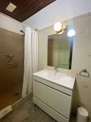 a bathroom with a sink and a shower and a mirror at Quinta das Amendoeiras in Albufeira