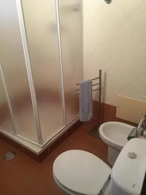 a bathroom with a shower and a toilet and a sink at Brother´s House in Faro