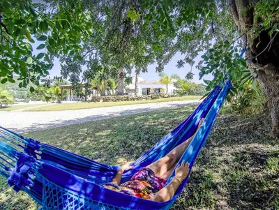 a woman laying in a blue hammock under a tree at Quinta Da Ilda in Loulé