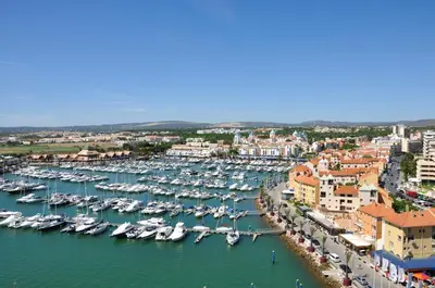 an aerial view of a harbor with boats in the water at Welcoming apartment in Albufeira 60 m² with shared pool in Albufeira