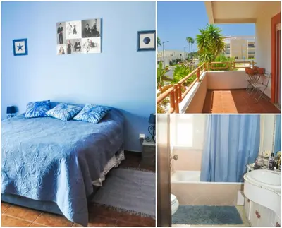 two pictures of a bedroom with a bed and a bathroom at Beach House in Vilamoura: Terrace+pool in Vilamoura