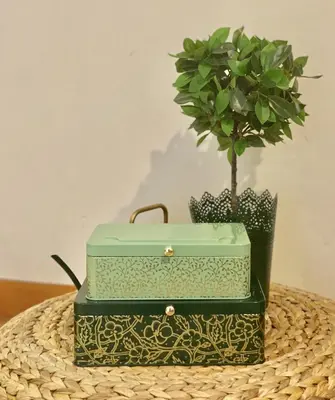 a green suitcase sitting on a table with a plant at Amazing 2Bedroom apartment in Victoria Boulevard in Vilamoura
