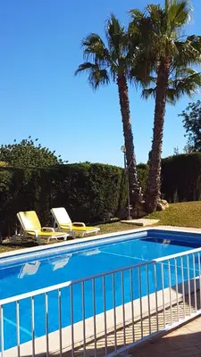 a swimming pool with two chairs and palm trees at Casa Dos Cedros in Guia