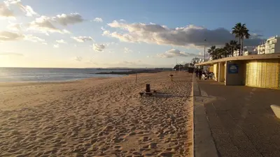 a beach with a bench on the sand and the ocean at Apartamento Felicidade in Almancil