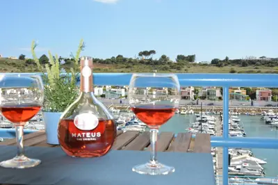 two glasses of wine on a table with a marina at Stunning Apartment with Marina Views in Albufeira