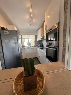 a kitchen with a refrigerator and a table with a plant at Apartamentos Sao Rafael, 80b in Albufeira