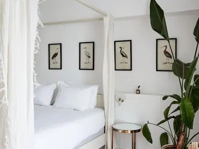 a bedroom with a white bed and framed pictures of birds at Casa Apollo Guesthouse in Faro