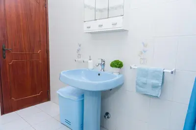 a bathroom sink with a faucet and a plant on it at Hillside Studio with Sea View & Fibre Internet in Albufeira