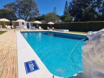 a swimming pool with a white lion statue next to it at Villa Azul - Clever Details, Luxury villa, private pool, access to a club with tennis court, playground, communal pools in Vilamoura
