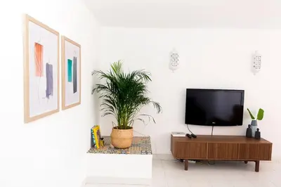 a living room with a tv and a potted plant at Casa Olga Vieira in Albufeira