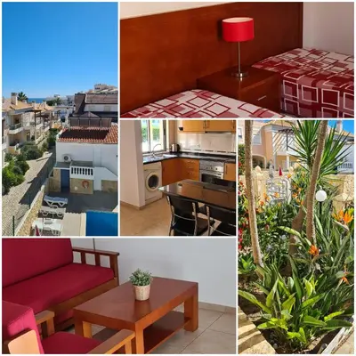 a collage of photos of a kitchen and living room at Apartamento - 2 a 4 Pessoas- Piscina in Olhos de Água