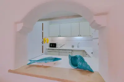 a kitchen with white cabinets and a blue fish on a counter at Varandas do Sul - Near Vilamoura Marina in Vilamoura