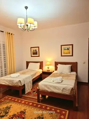a bedroom with two beds and a chandelier at Elegant family house in Loulé with private pool in Loulé