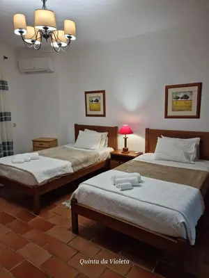 a bedroom with two beds and a chandelier at Elegant family house in Loulé with private pool in Loulé