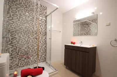 a bathroom with a shower and a toilet and a sink at Villa Pauline by Algarve Vacation in Albufeira