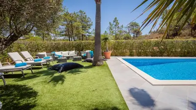 a yard with a pool and chairs and a palm tree at Villa Natura - Varandas do Lago in Almancil