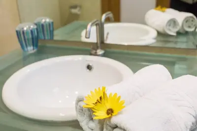 a bathroom sink with a yellow flower on it at Quinta Barracuda in Albufeira
