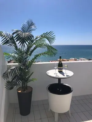 a table with a bottle of wine and a palm tree at Sky - wonderful view to the beach - Quarteira in Quarteira
