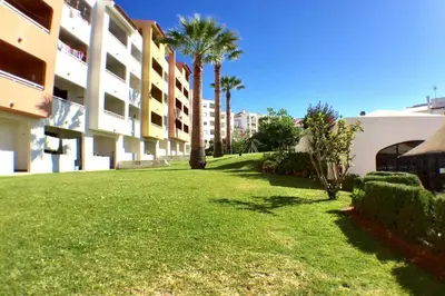 a green yard with palm trees and buildings at Bellavista Avenida Pool and city center in Albufeira