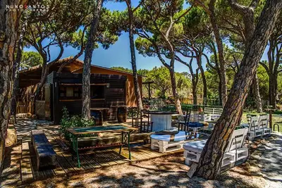 a log cabin with a table and chairs and trees at Quinta Vita - Vila Pera in Almancil
