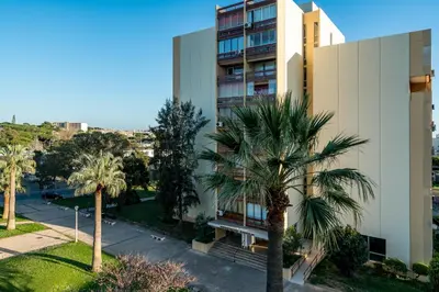 an apartment building with palm trees in front of it at Serenity by the Marina, Vilamoura in Quarteira