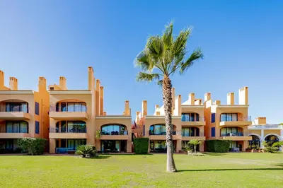 a palm tree in front of a building at AL - Apartamento Vila Sol F5 E in Vilamoura