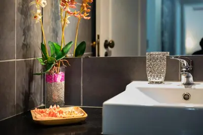 a bathroom with a sink and a vase with flowers at Kwadalayo Art Quarters in Faro
