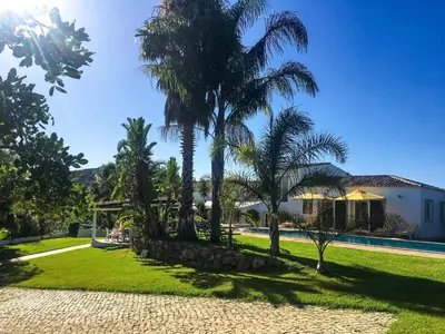 a yard with palm trees and a house at Elegant villa with sea view in Loulé + private pool in Loulé