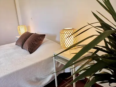 a bed with two pillows on it next to a plant at Pool and Garden Village-near beach in Albufeira